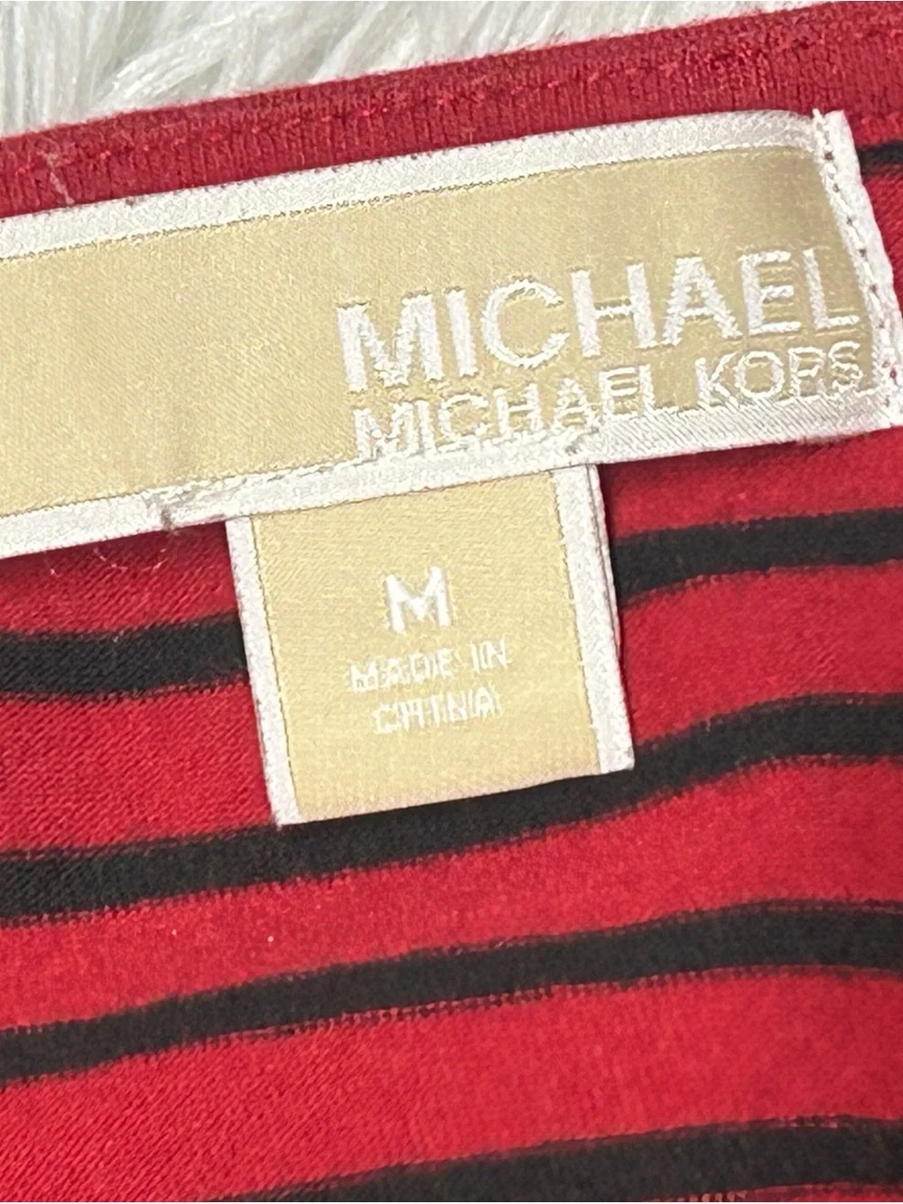 Michael Kors Red and Black Striped 3/4 Sleeve Zip Front Top